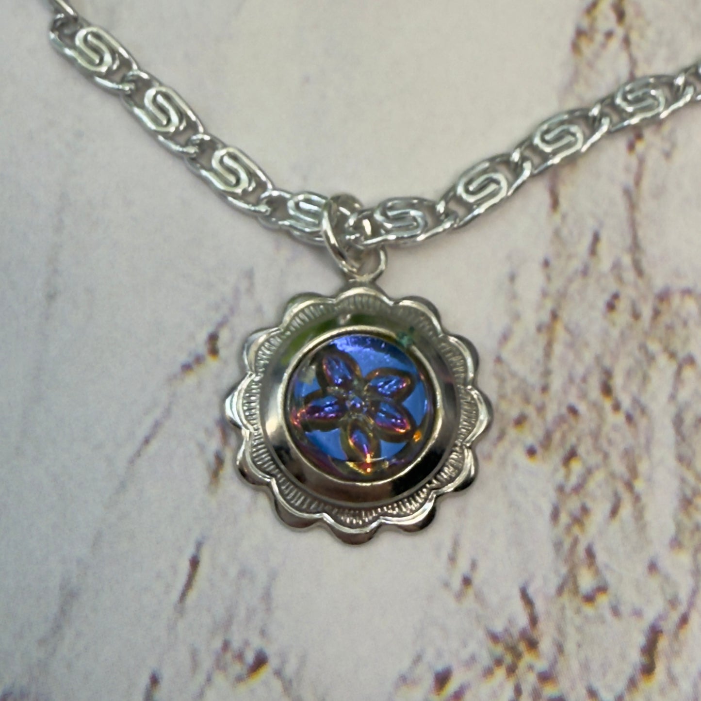 Blue Purple Flower Silver Filigree Pendant Doll Necklace • 18 Inch Fashion Doll Jewelry