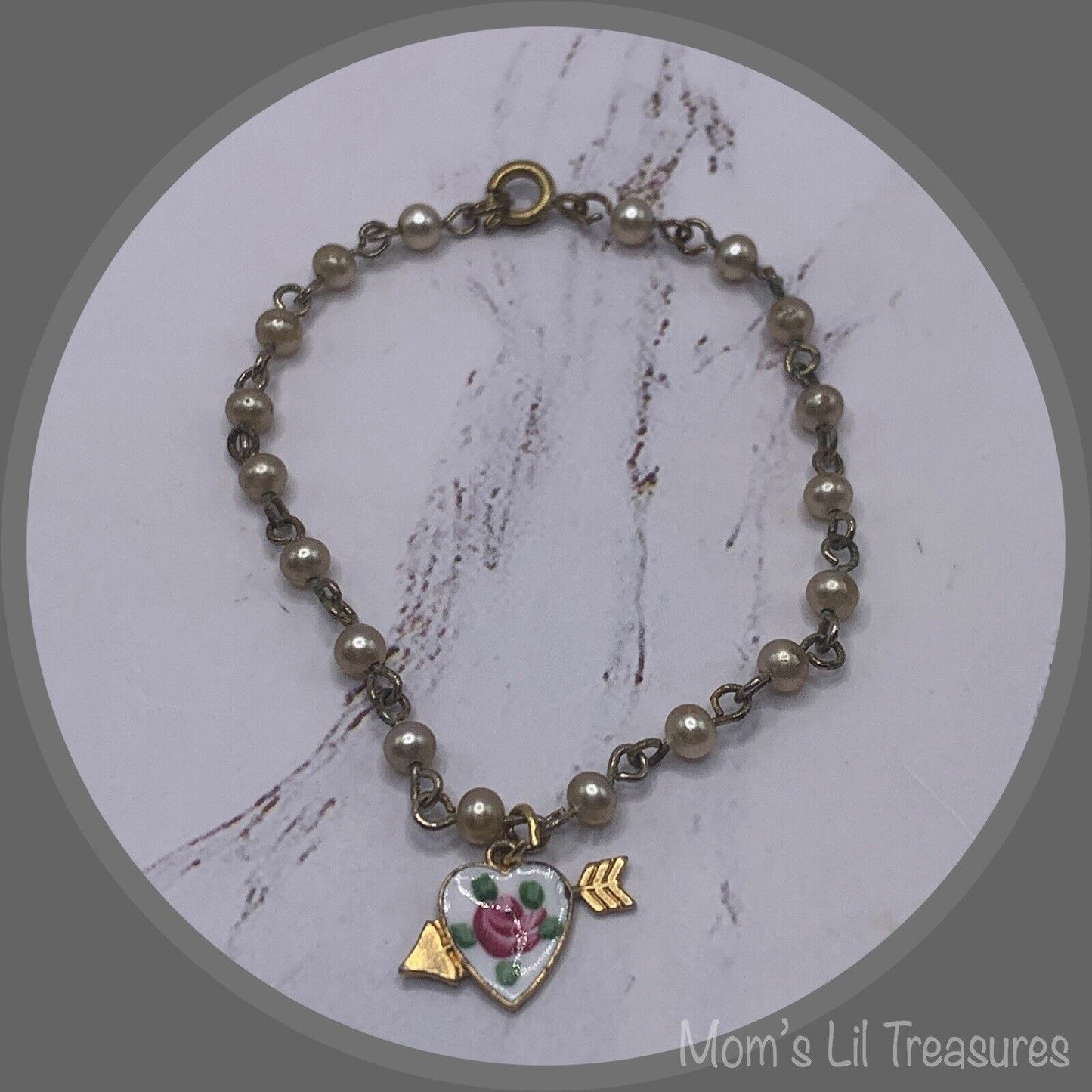 White Enamel Heart Rose Pendant Pearl Necklace• Jewelry for 18-22” Vintage Dolls