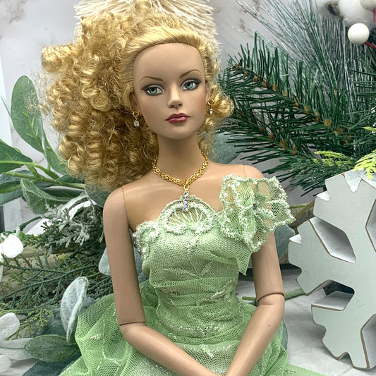 Clear Rhinestone Gold Double Chain Doll Necklace Earring Set • 16” Doll Jewelry