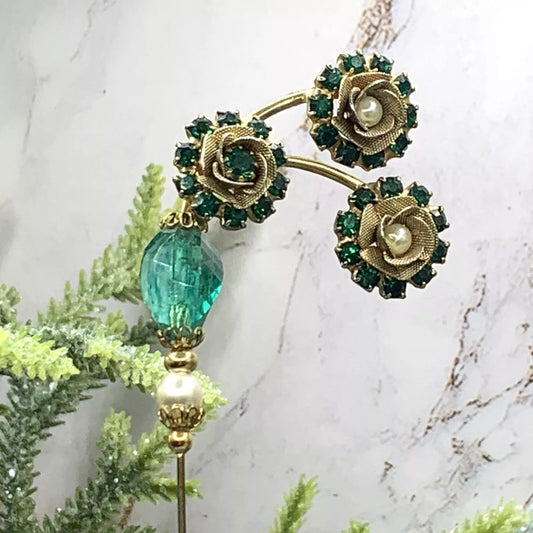 Green Glass Rhinestone Gold Tone Flower Design Pearl Accents -  9.25” • Hatpin