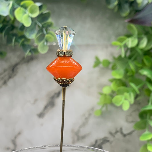 Orange Color Glass & Clear Glass Faceted Crystal • 6” Hatpin - Stick Pin