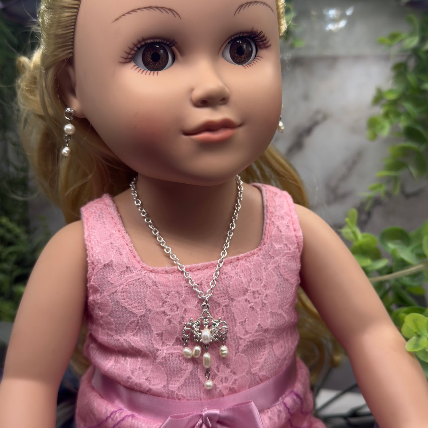 Silver Filigree Pearl Dangle Doll Necklace & Earrings Set • 18 Inch Fashion Doll Jewelry