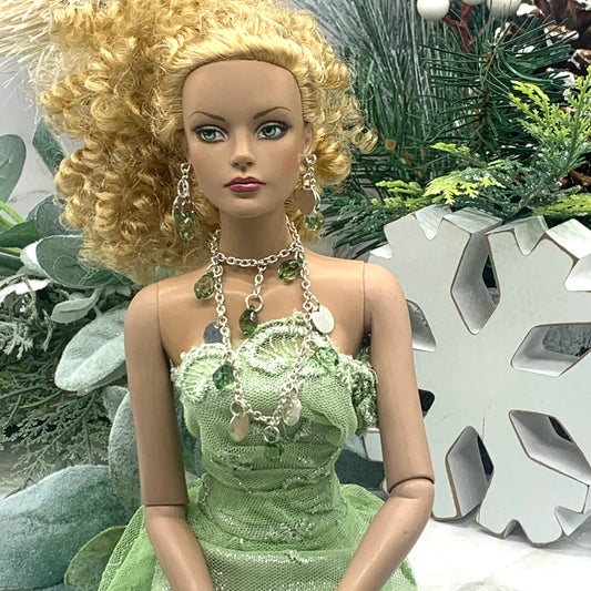 Green Clear Acrylic Crystal Silver Doll Necklace Earring Set • 16” Doll Jewelry