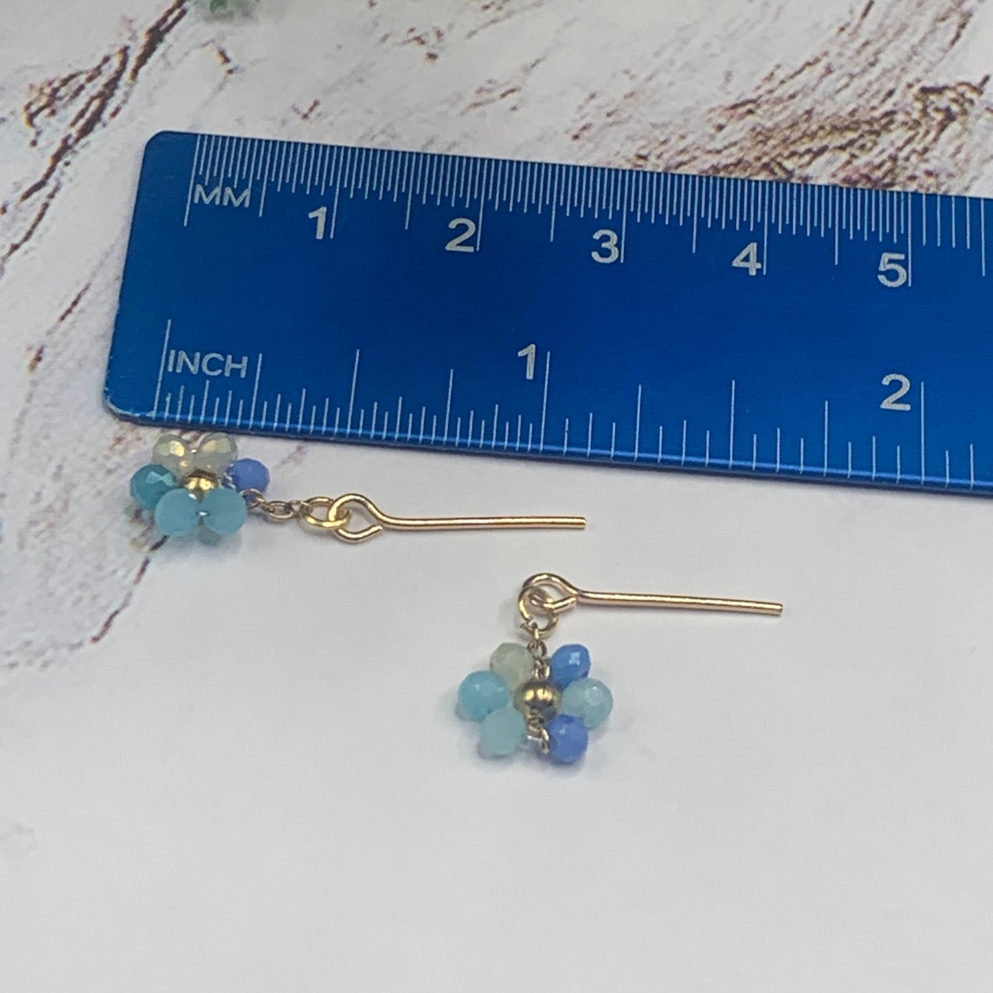Blue Glass Flower Design Gold Chain Necklace Earrings Set • 18” Doll Jewelry
