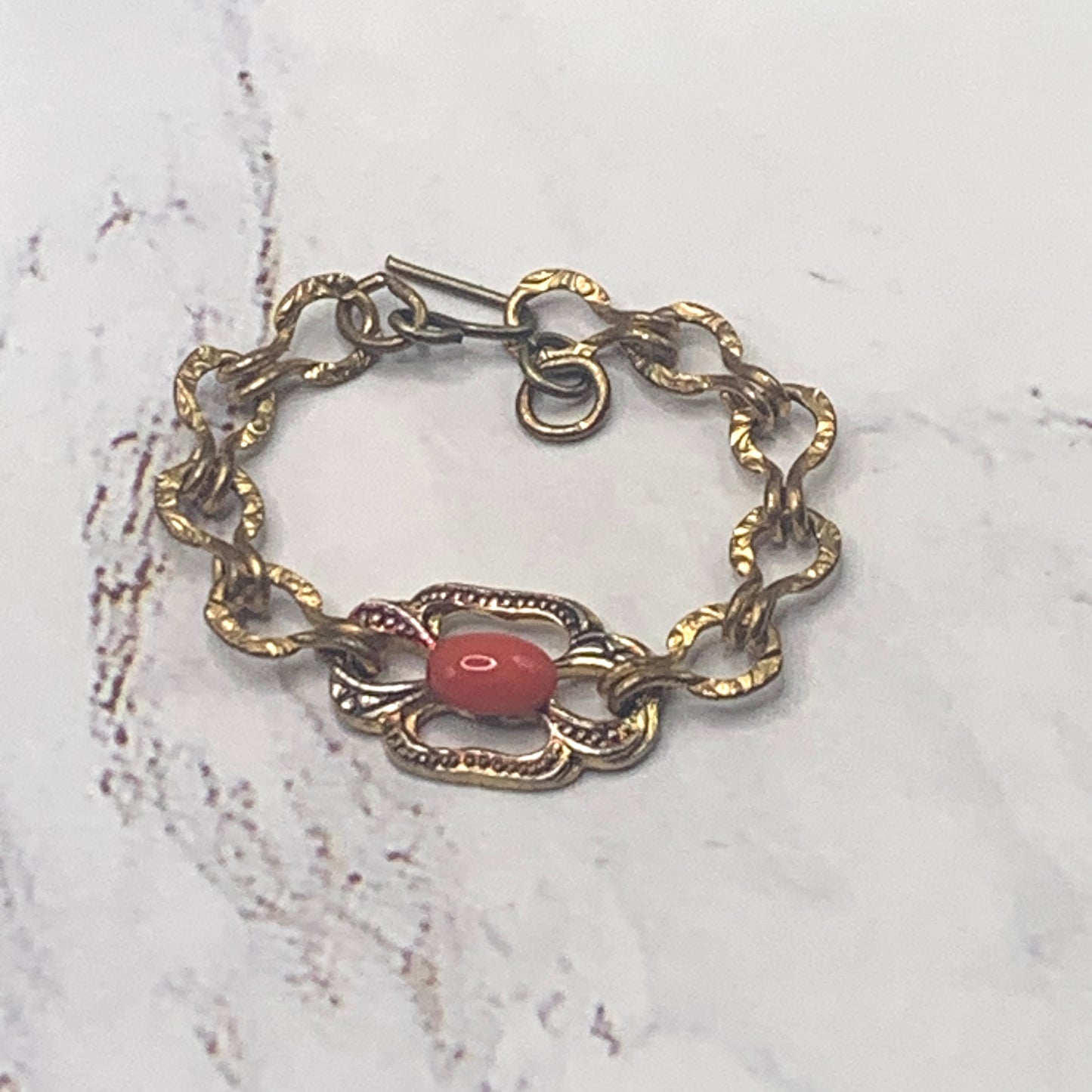 Oval Coral Glass Accent Gold Filigree Chain Doll Bracelet • 18” Doll Jewelry