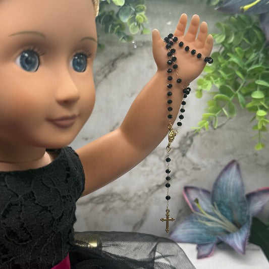Black Glass Crystal Beaded Gold Cross  • Doll Size Catholic Rosary