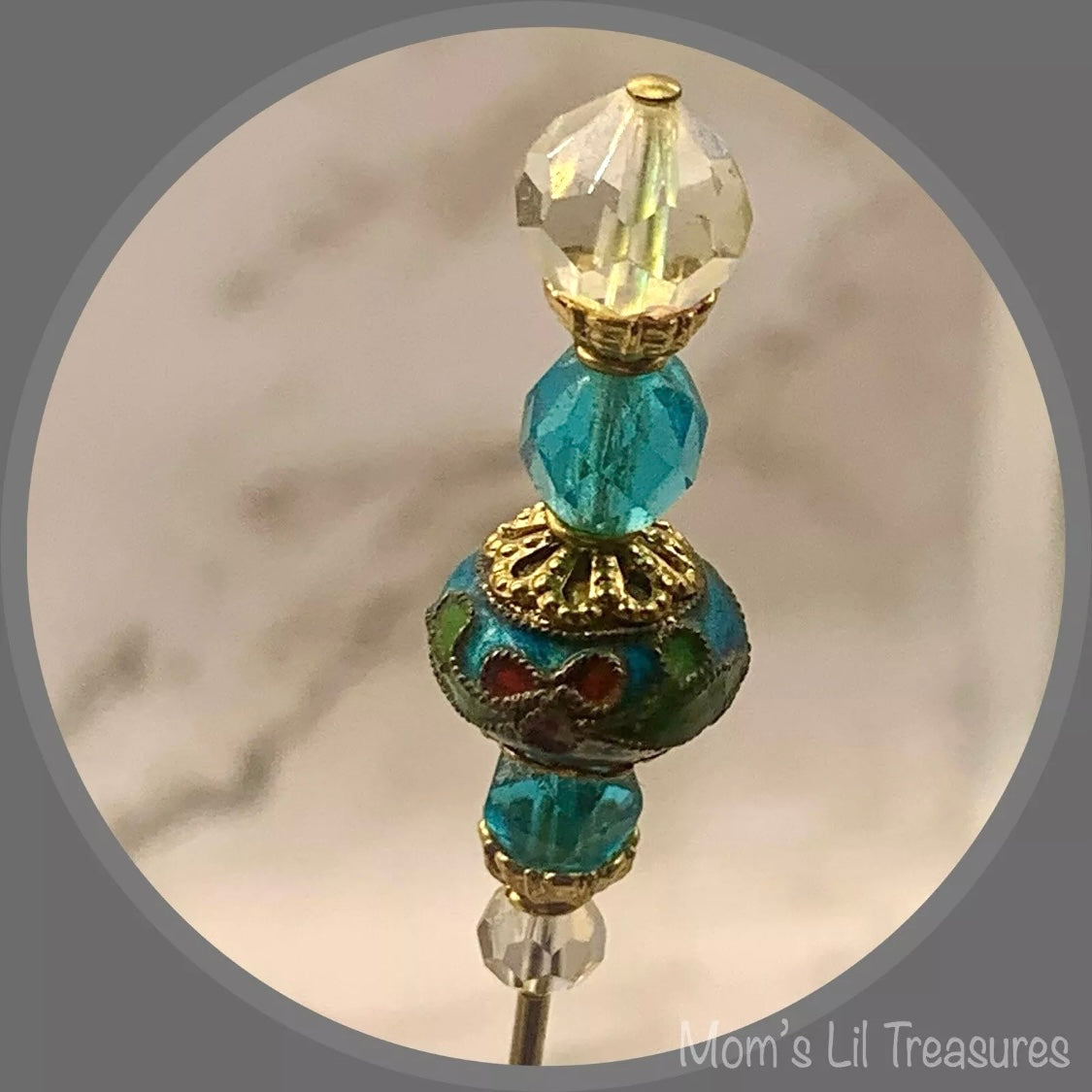 Turquoise Blue Clear Crystals Cloisonné Flower Design - 8” • Hatpin - Stick Pin