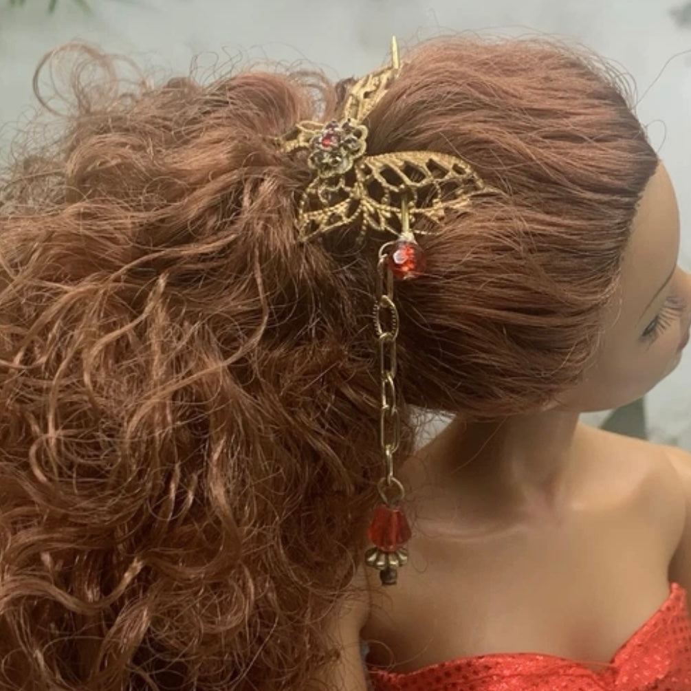 Butterfly Filigree Hair Clip Barrette Chain Dangle Red Crystal Hair Pin