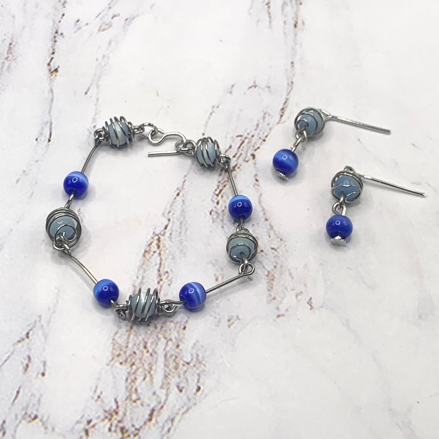Shades Of Blue Glass Silver Link Doll Necklace Earring Set • 16” Doll Jewelry