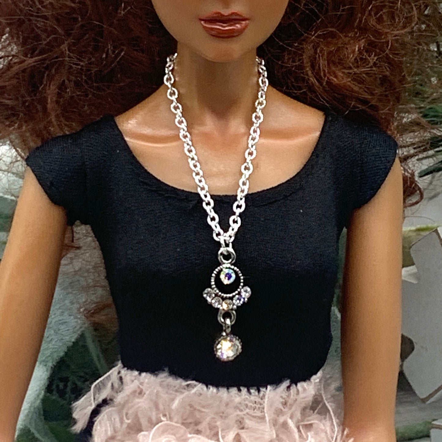 Clear & AB Rhinestone Pendant Silver Chain Doll Necklace • 16” Doll Jewelry
