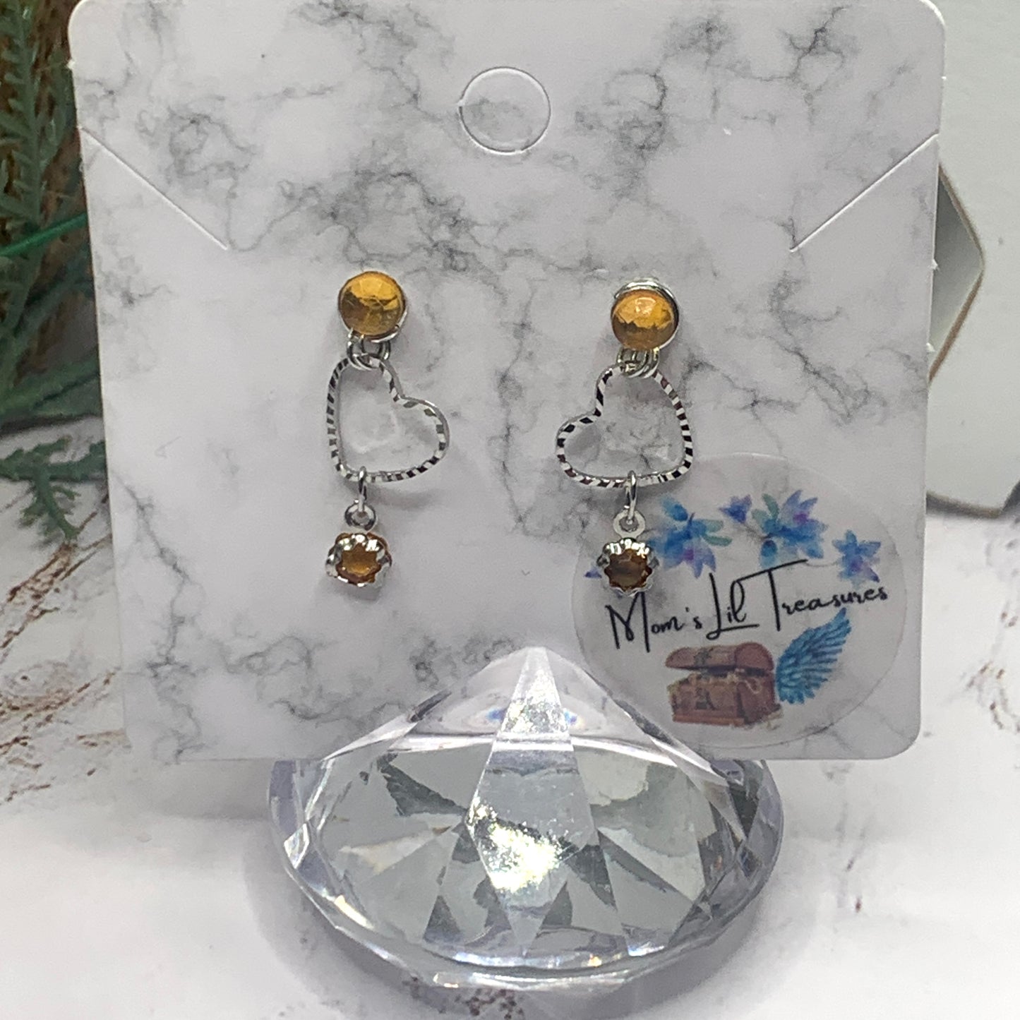 Golden Amber Rhinestone Post Silver Heart Doll Earring fits 18” American Girl