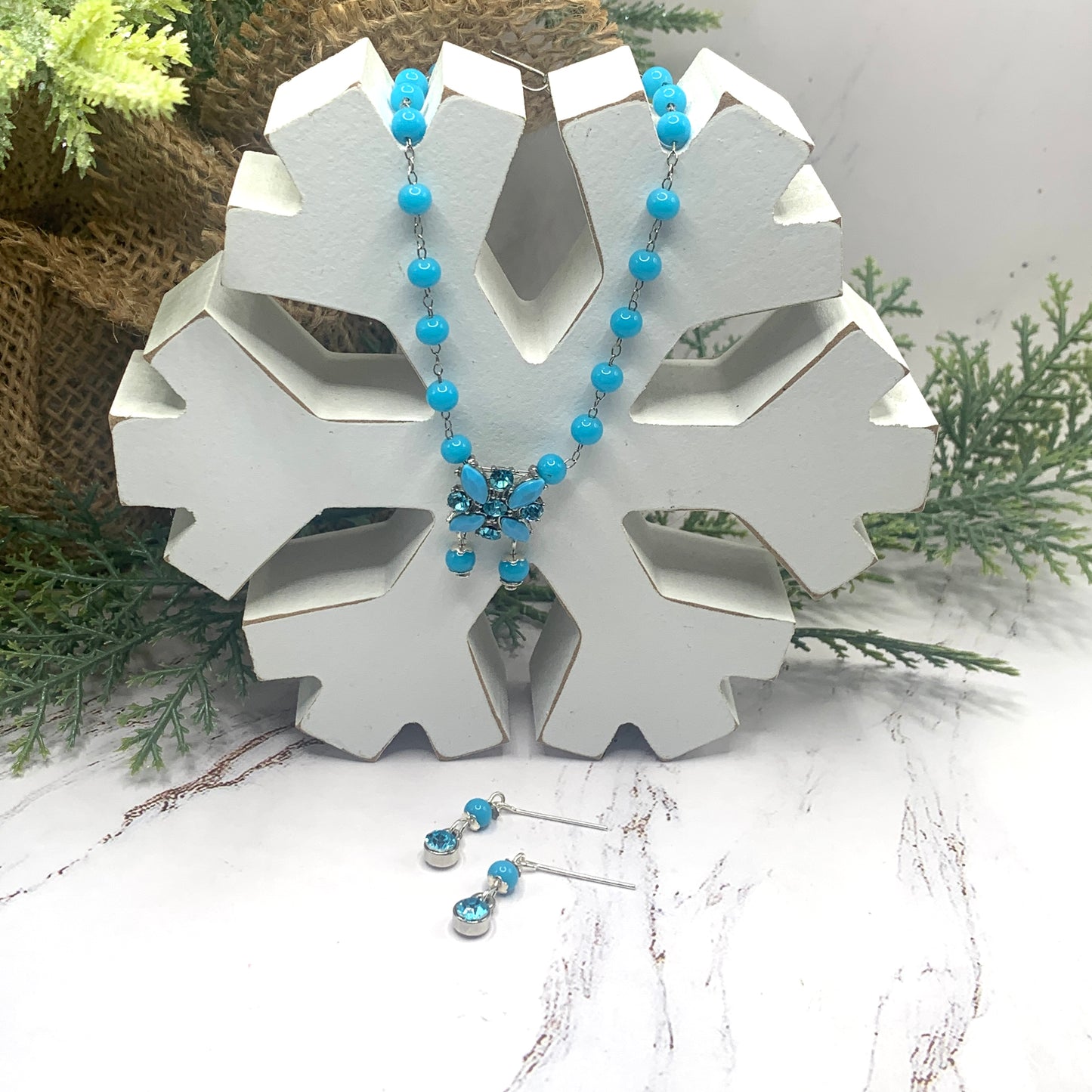 Blue Turquoise Bead Rhinestone Pendant Necklace Earring Set 18-22” Doll Jewelry