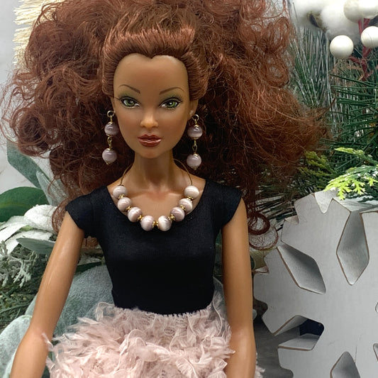 Light Dusty Purple Glass Bead Wire Doll Necklace Earring Set • 16” Doll Jewelry