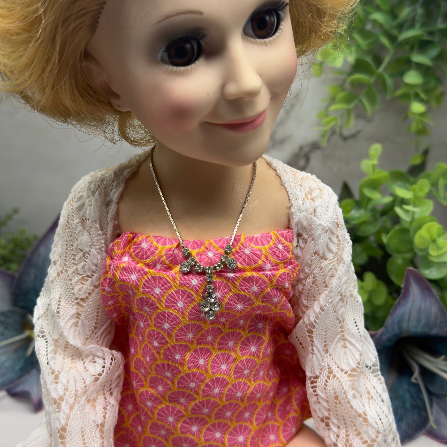 Clear Rhinestone Drop Dangle Silver Serpentine Doll Necklace • 18-22” Vintage Doll Jewelry