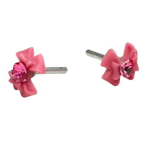 Pink Bow Heart Rhinestone 2mm Post Doll Earrings • fits 18 Inch Fashion Dolls