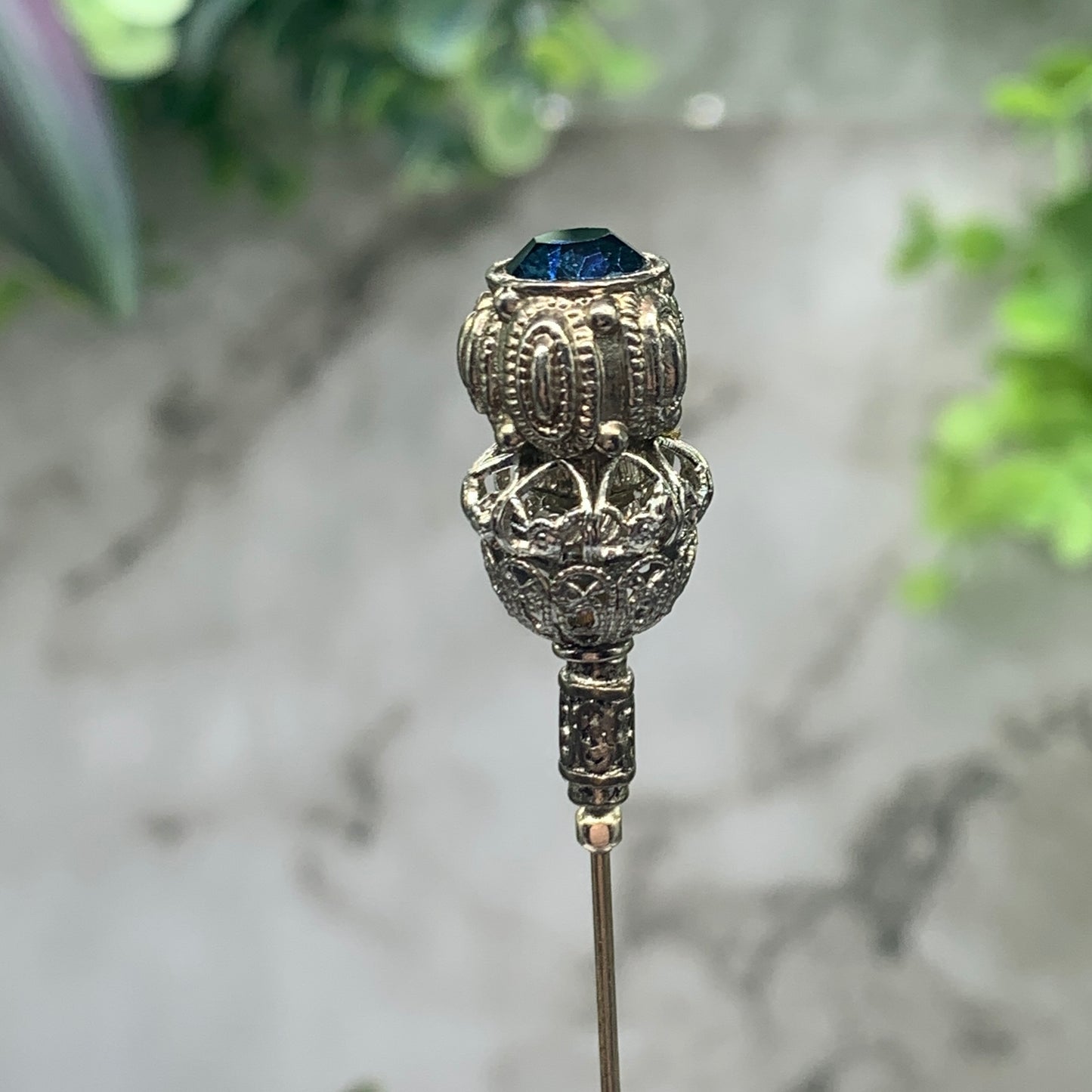 Blue Rhinestone Silver Filigree - 8.5” • Hatpin - Stick Pin