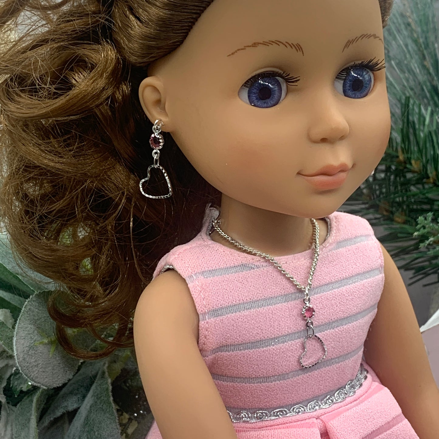 Silver Heart Pink Crystal Silver Doll Necklace Earring Set for 14” Wellie Wisher
