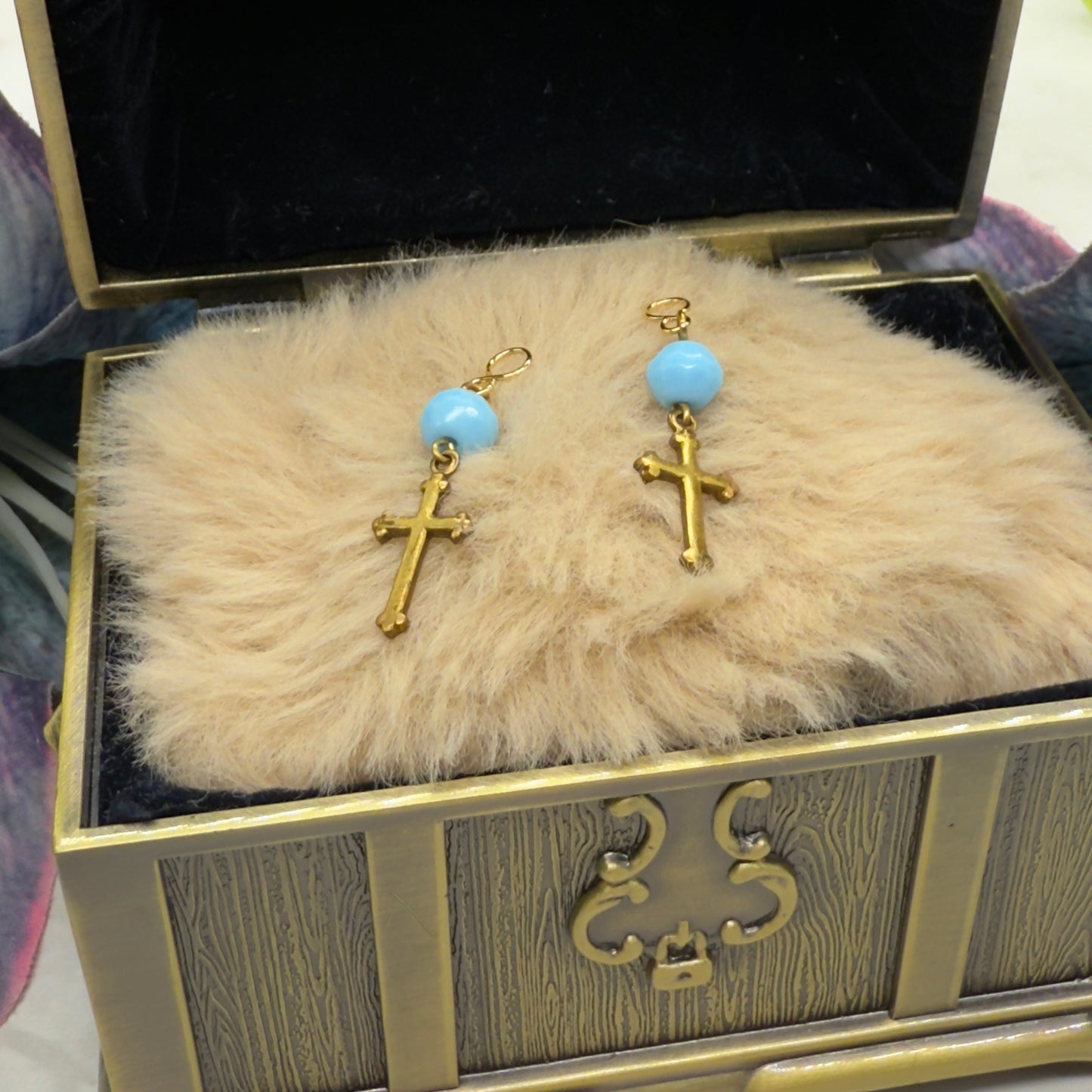 Gold Cross Blue Glass Doll Earring DANGLE ONLY • 18” Fashion Doll Jewelry