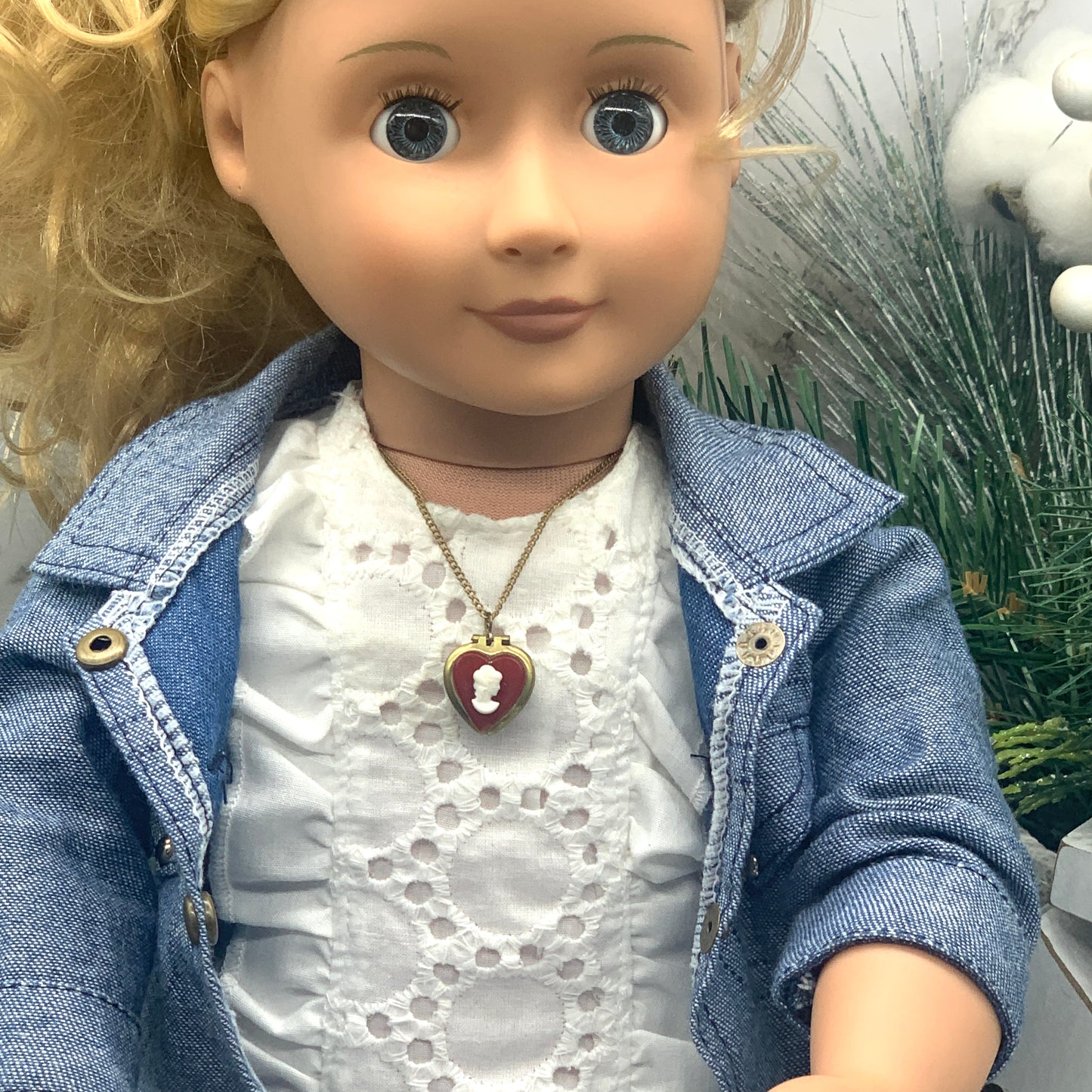 Burgundy Red Heart Cameo Locket Gold Chain Doll Necklace • 18” Doll Jewelry