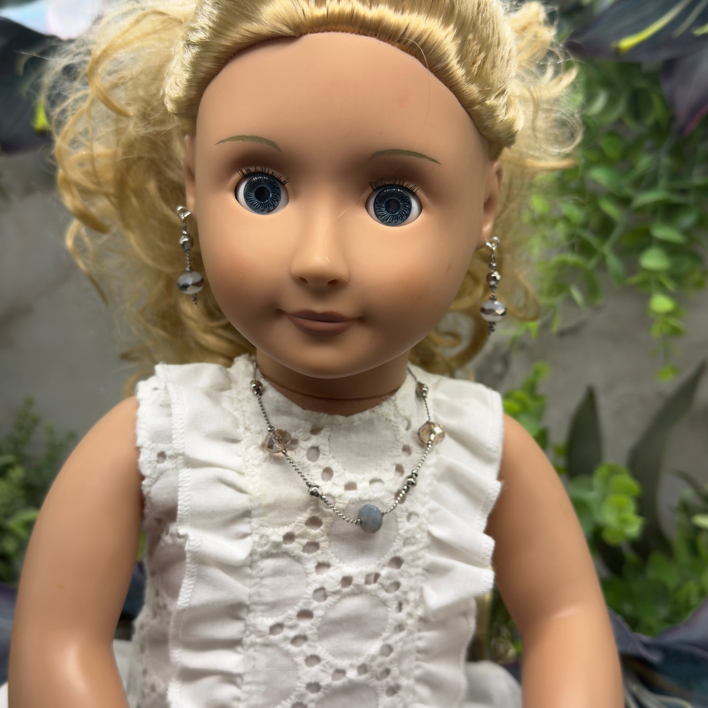Gray Metallic Glass Crystal Beaded Silver Chain Doll Necklace• 18 Inch Fashion Doll Jewelry
