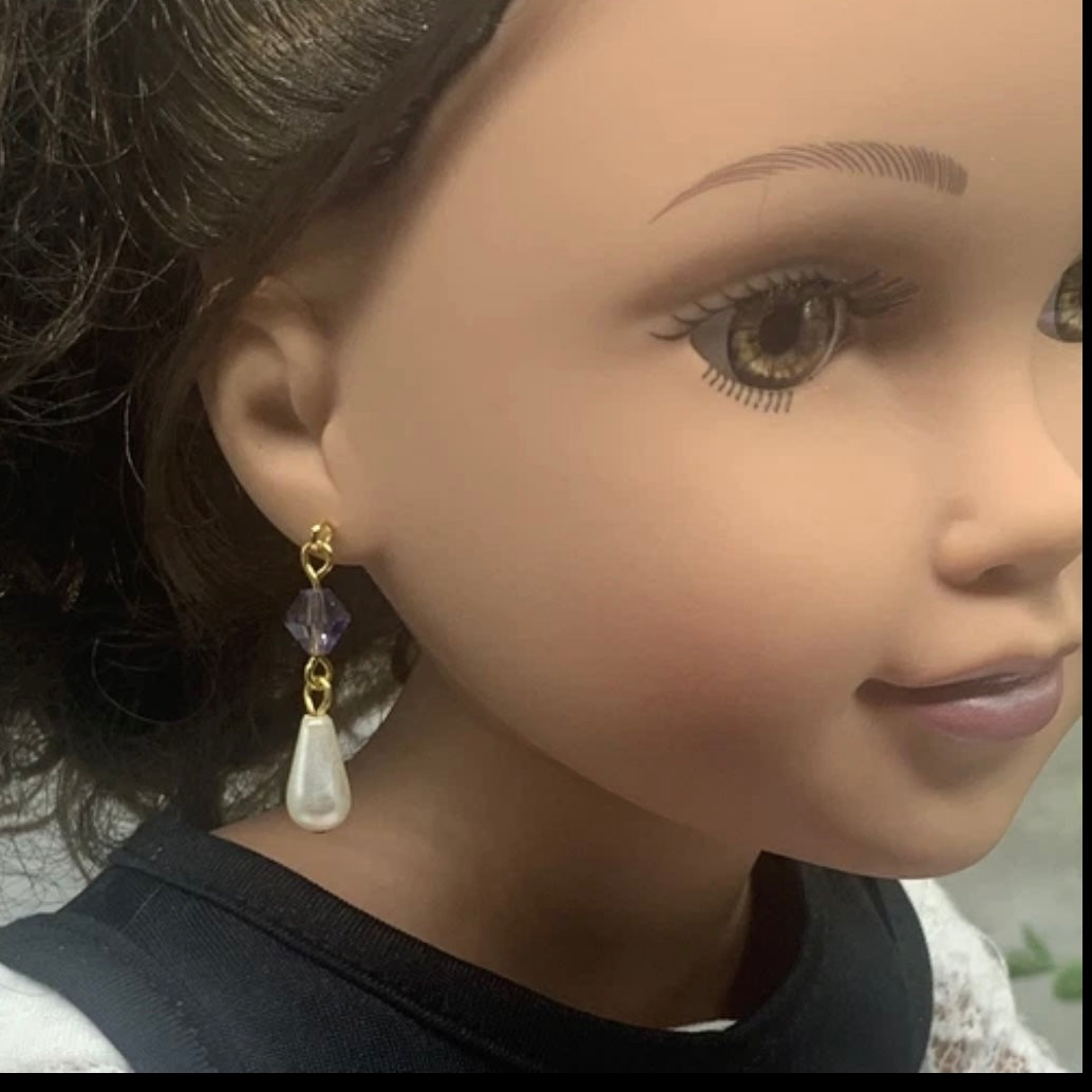 Purple Glass Crystal Teardrop Pearl Dangle Doll Earrings • 18 Inch Doll Jewelry