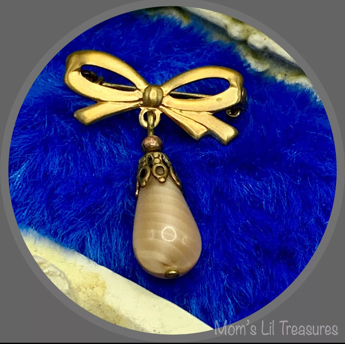 Tan Beige Glass Teardrop Pendant with Gold Tone Bow Pin • Doll Brooch
