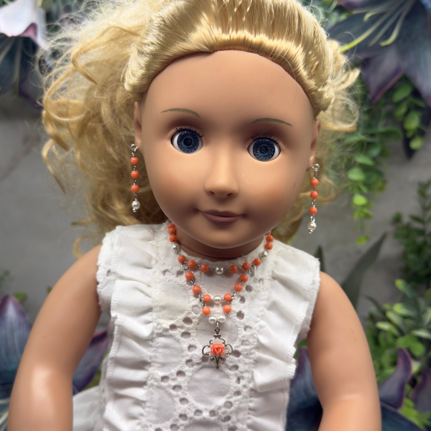 Coral Orange & Pearl Filigree Dangle Silver Doll Necklace & Earrings • 18 Inch Fashion Doll Jewelry