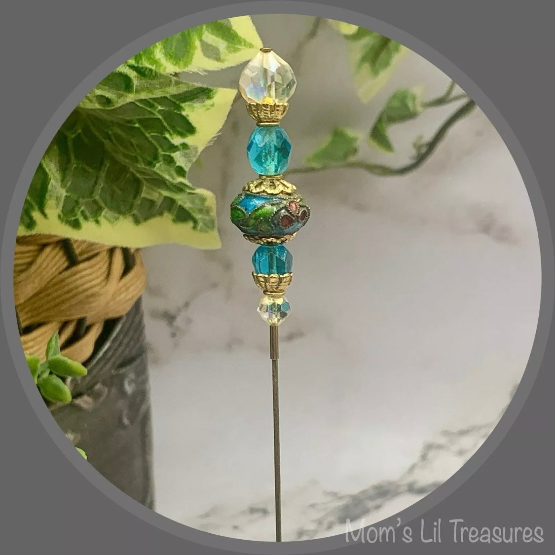 Turquoise Blue Clear Crystals Cloisonné Flower Design - 8” • Hatpin - Stick Pin