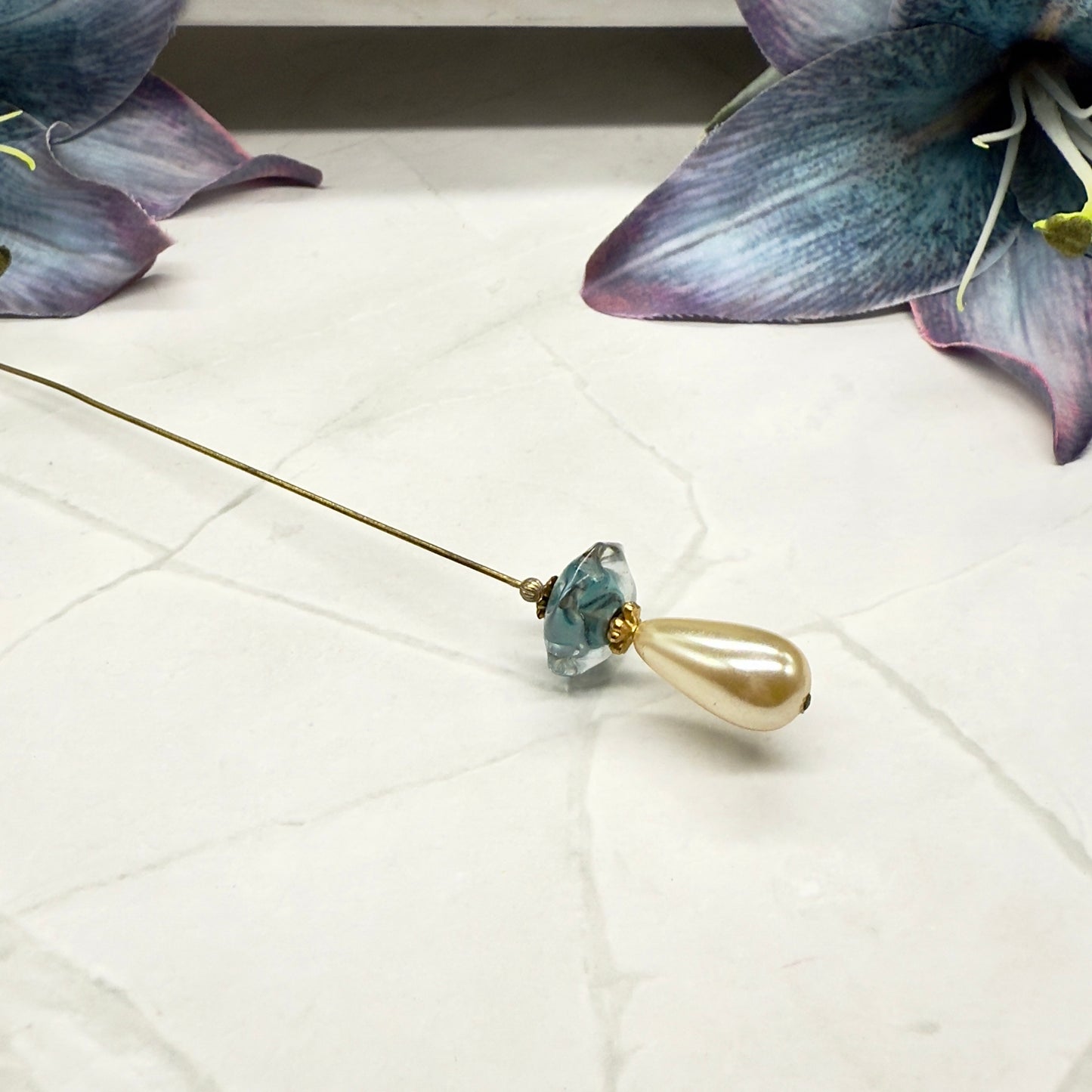 Teardrop Pearl Translucent Blue Green Gold Accent • 8” Pin Hatpin - Stick Pin