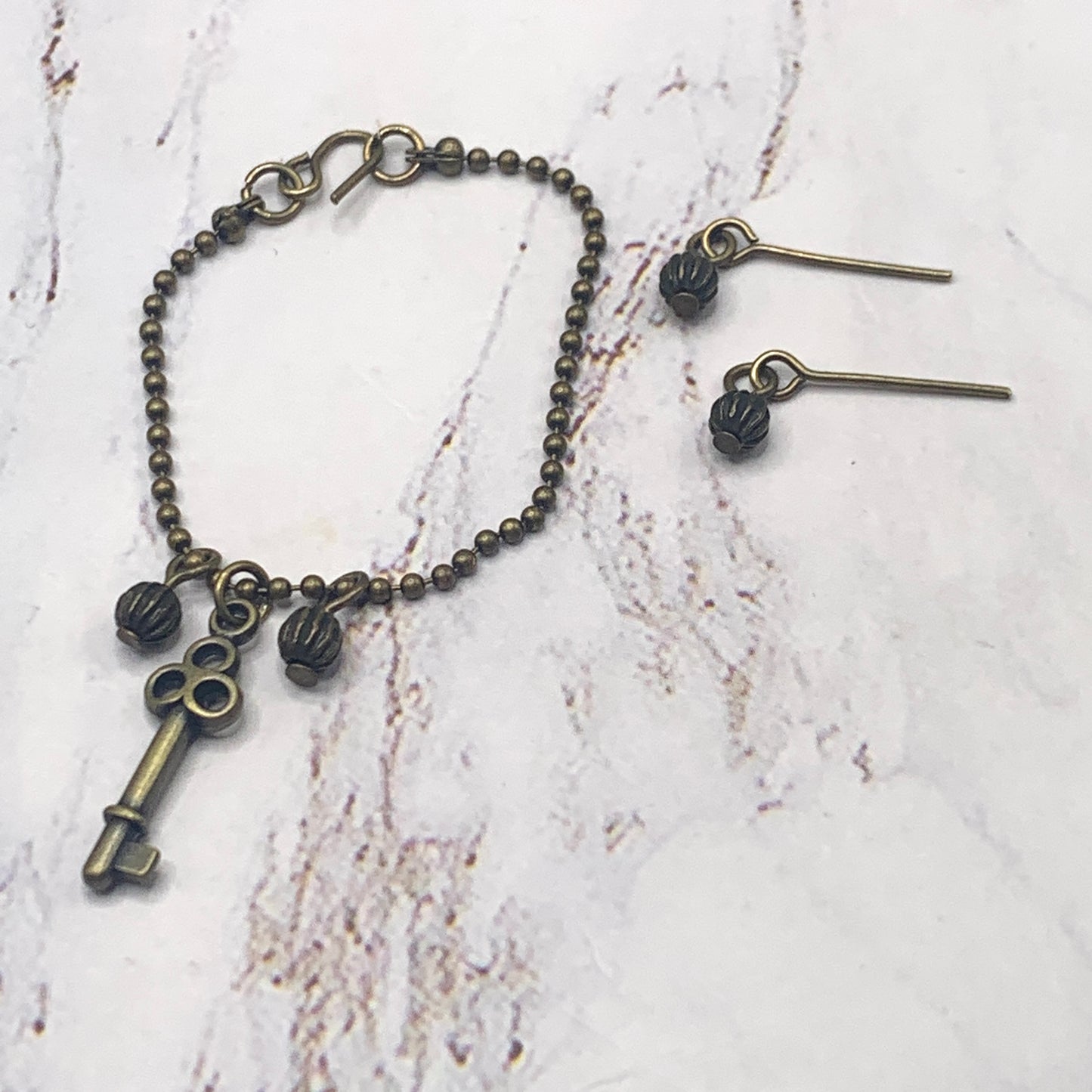 Bronze Key Pendant Chain Doll Necklace Matching Earrings Set • 16” Doll Jewelry