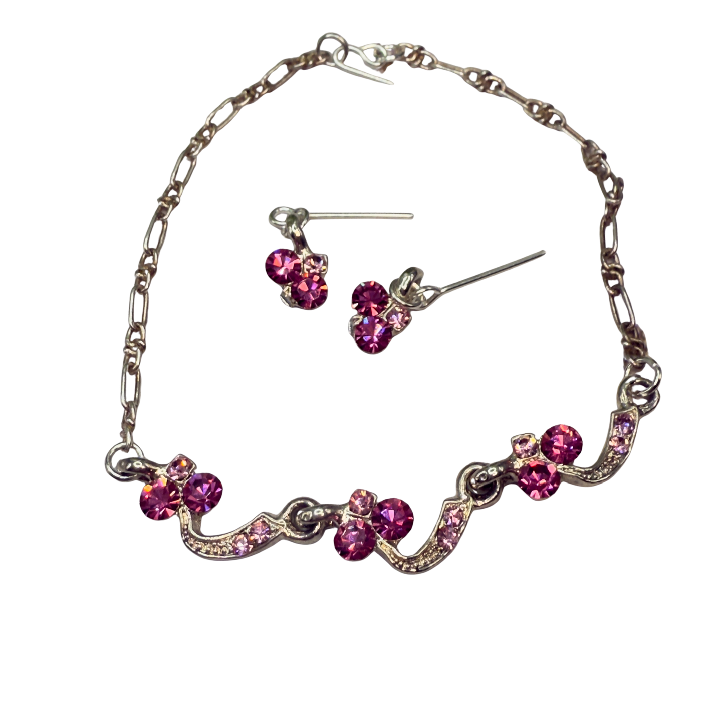 Light Dark Pink Rhinestone Silver Curved Link Doll Necklace & Earrings Set • 18 Inch Fashion Doll Jewelry