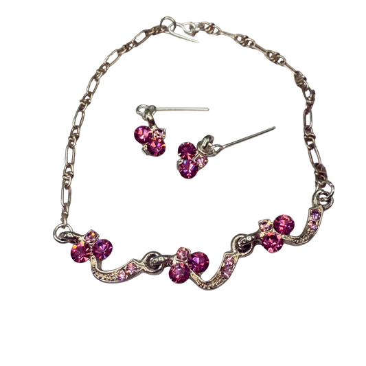 Light Dark Pink Rhinestone Silver Curved Link Doll Necklace & Earrings Set • 18 Inch Fashion Doll Jewelry