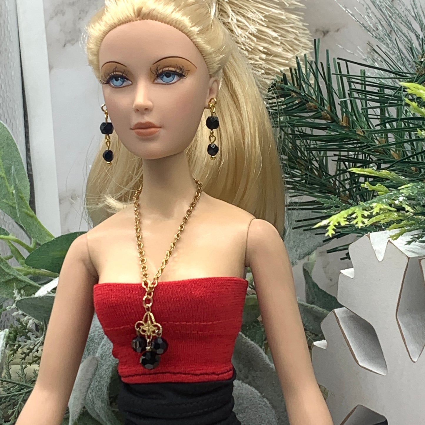 Black Glass Crystal Statement Doll Necklace Earring Set • 16” Doll Jewelry
