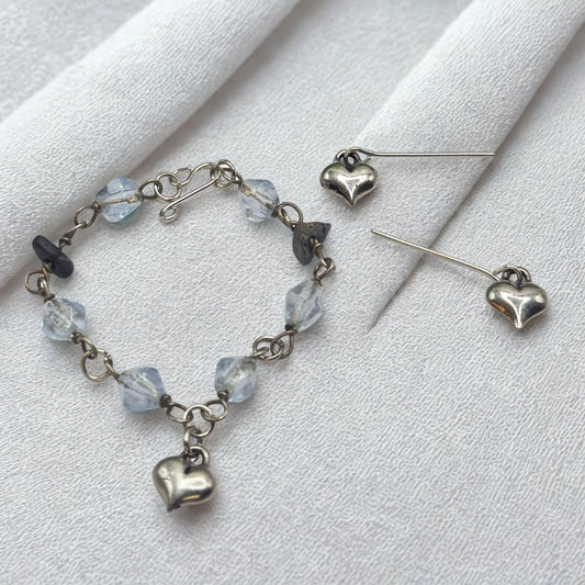 Blue Glass Beaded Silver Heart Charm Doll Necklace & Earrings • 14 Inch Fashion Doll Jewelry