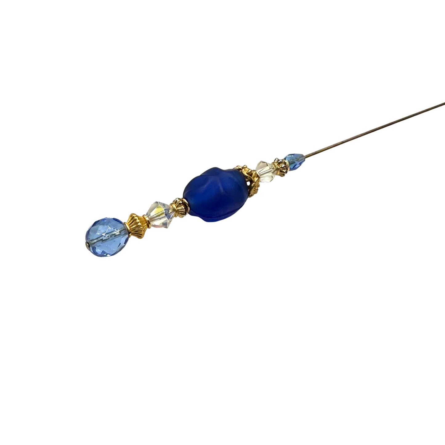 Blue & Clear Crystal Gold Filigree Accent • 8” Hatpin / Stick Pin