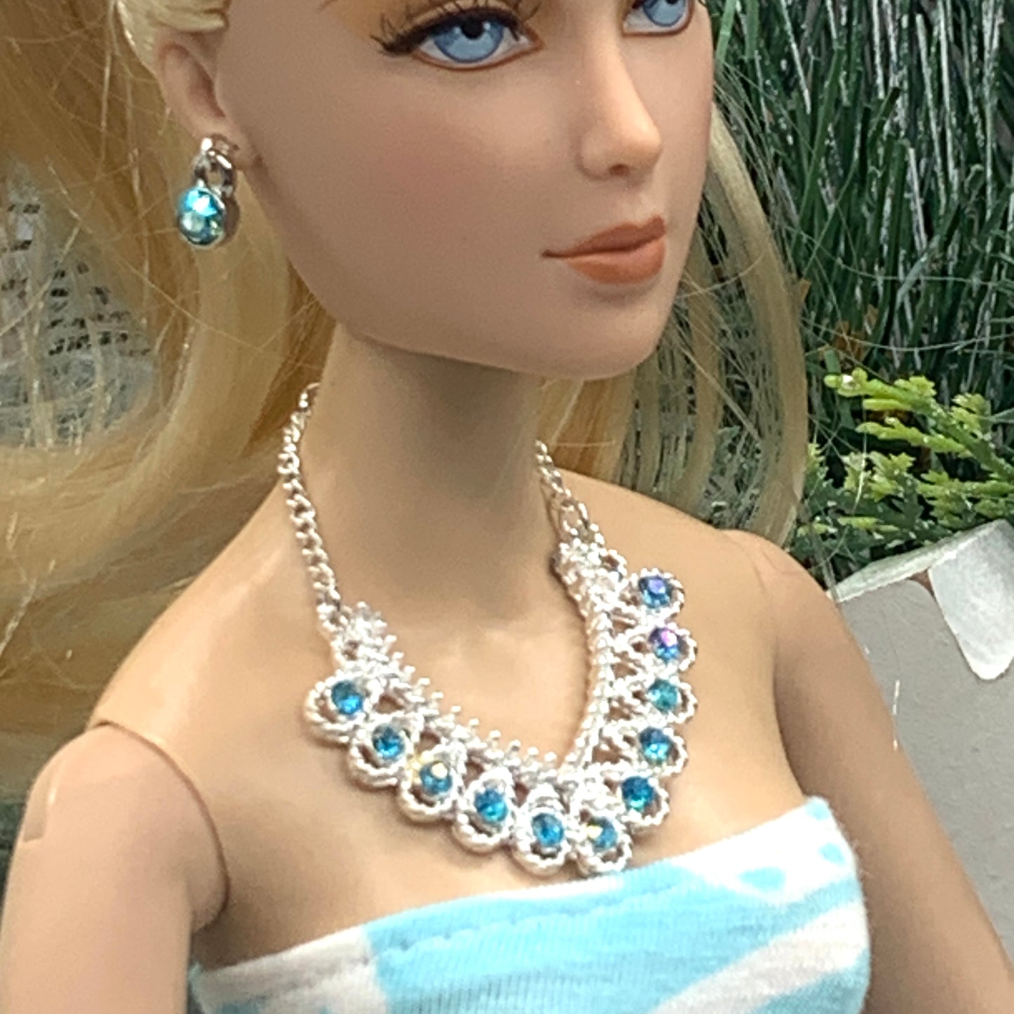 Turquoise Rhinestone Silver Collar Doll Necklace Earring Set • 16” Doll Jewelry