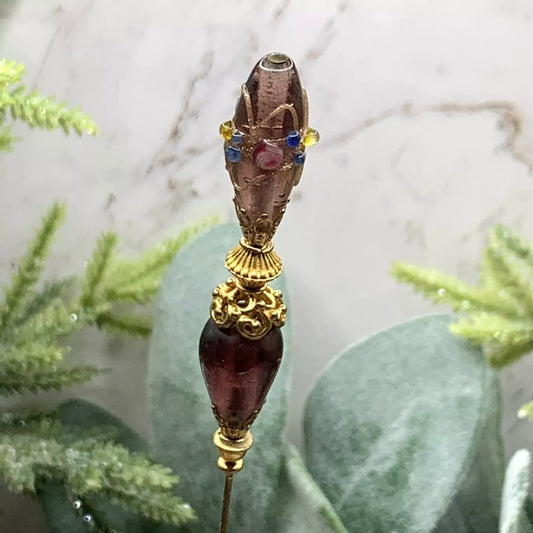 Purple Glass Teardrop Gold Swirl Design Filigree - 8” Pin • Hatpin - Stick Pin