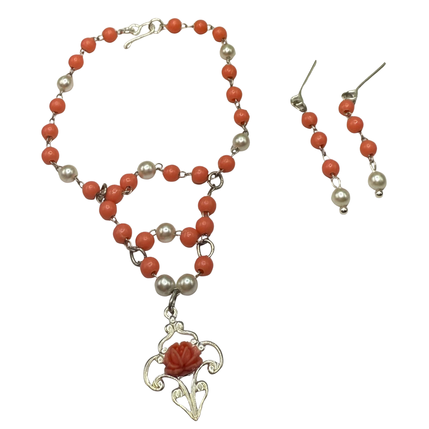 Coral Orange & Pearl Filigree Dangle Silver Doll Necklace & Earrings • 18 Inch Fashion Doll Jewelry