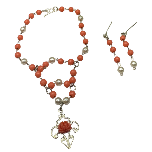 Coral Orange & Pearl Filigree Dangle Silver Doll Necklace & Earrings • 18 Inch Fashion Doll Jewelry