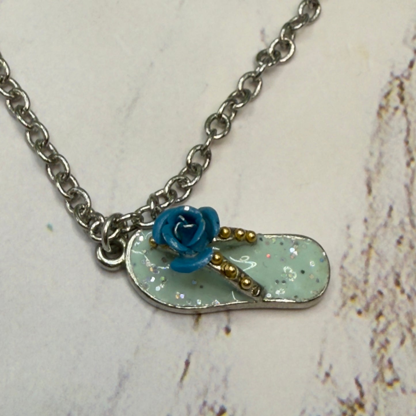 Blue Flip Flip Sandal Rose Accent Charm Silver Doll Necklace• 18 Inch Fashion Doll Jewelry
