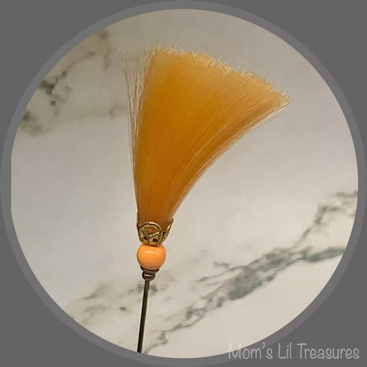 Peach Orange Fiber Tassel Broom Gold Tone Filigree • 7.25” Hatpin - Stick Pin