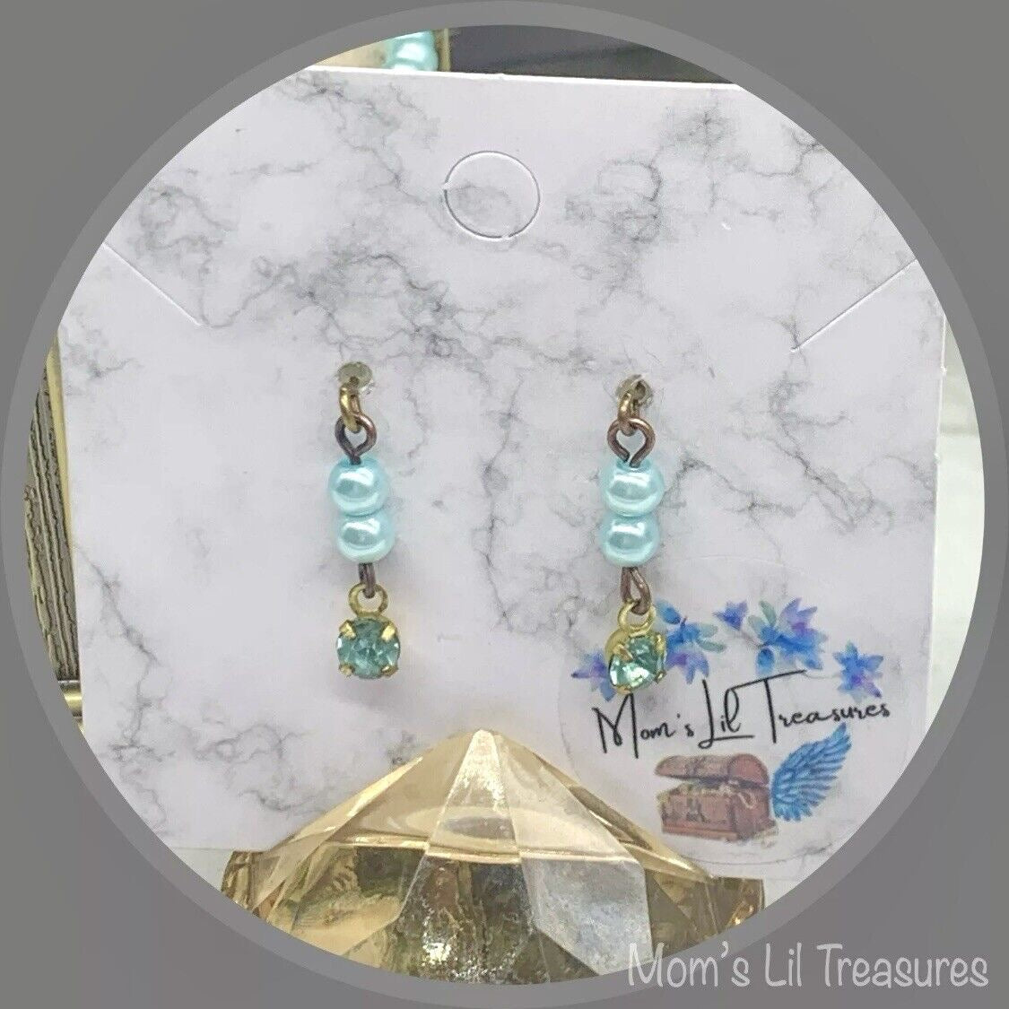 Turquoise Pearl Rhinestone Pendant Doll Necklace Earring Set • 18” Doll Jewelry