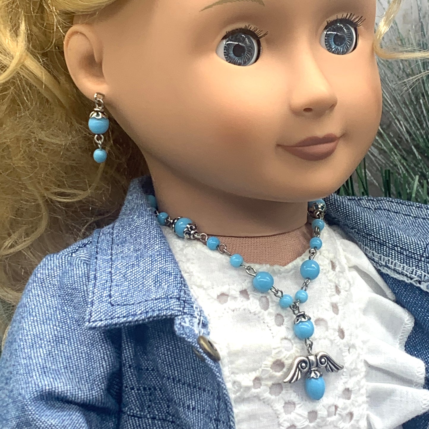 Blue Glass Bead Silver Angel Wings Pendant Necklace Earring Set 18” Doll Jewelry