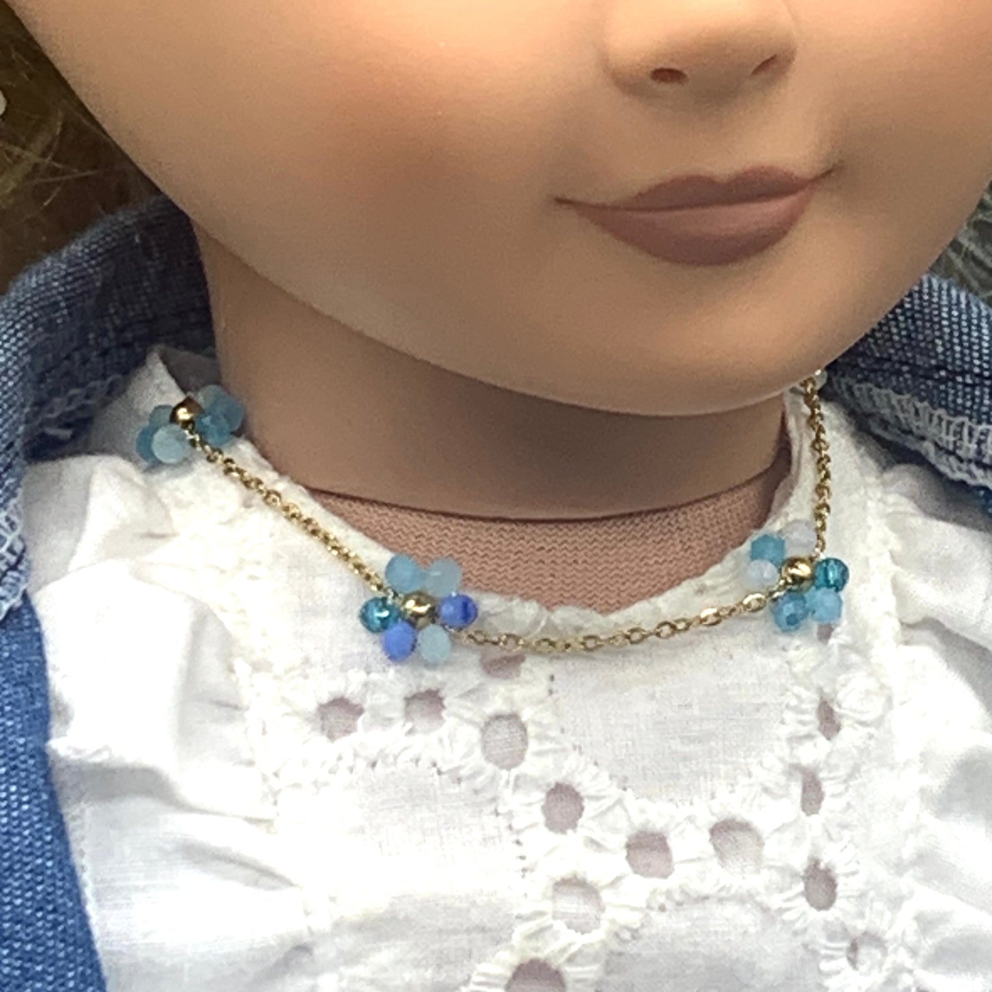 Blue Glass Flower Design Gold Chain Necklace Earrings Set • 18” Doll Jewelry