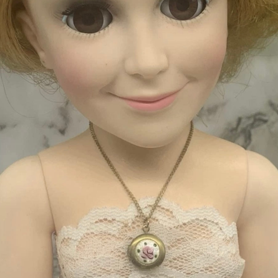 Round Locket Rose Pendant Gold Chain Doll Necklace for 18-22” Vintage Doll