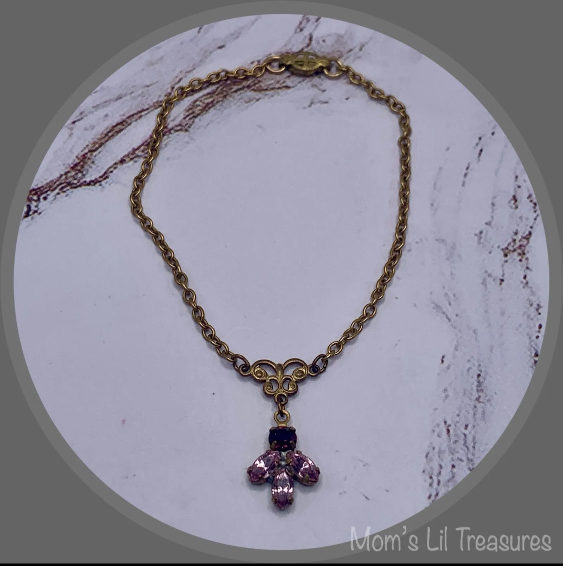 Purple Shades Rhinestone Pendant Gold Tone Necklace• 18-20” Vintage Doll Jewelry
