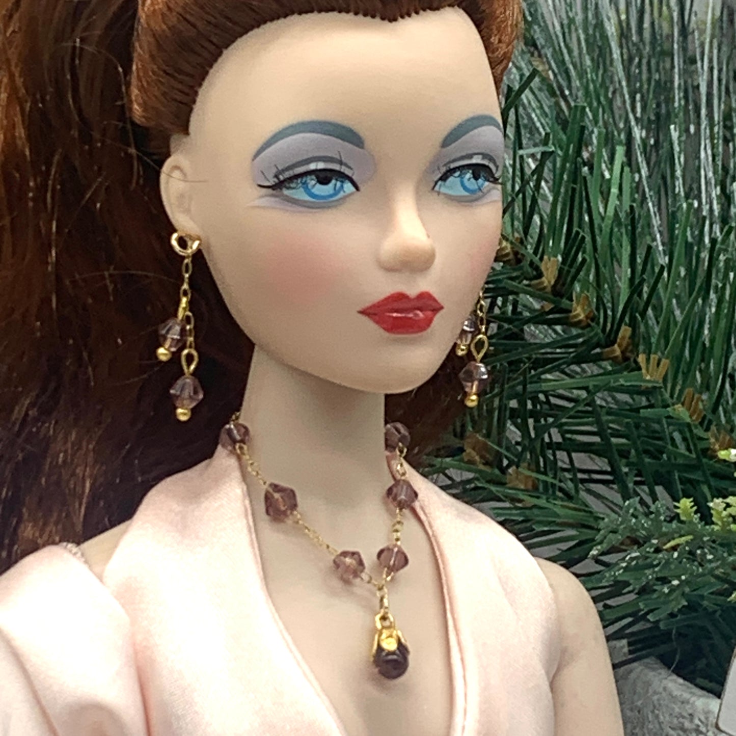 Purple Glass Teardrop Gold Doll Necklace Earrings Set • 16” Fashion Doll Jewelry