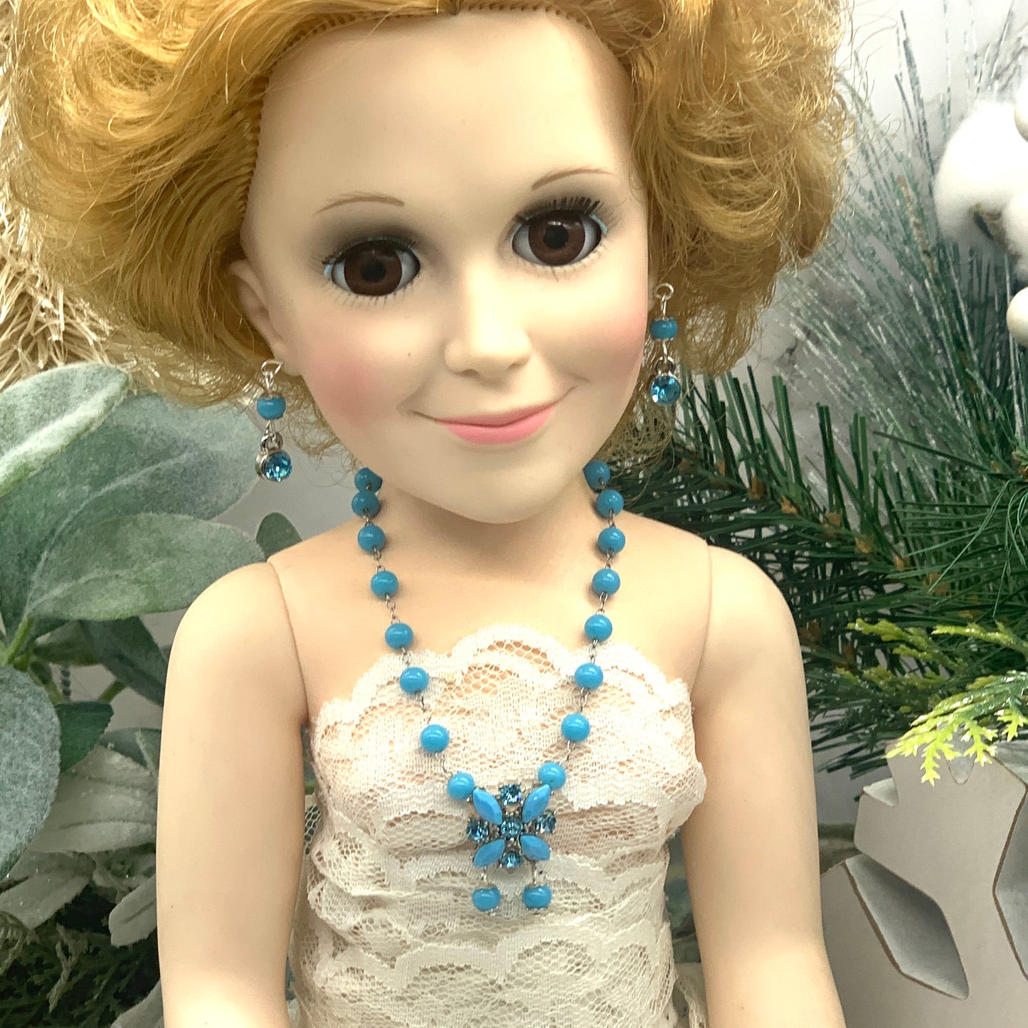 Blue Turquoise Bead Rhinestone Pendant Necklace Earring Set 18-22” Doll Jewelry