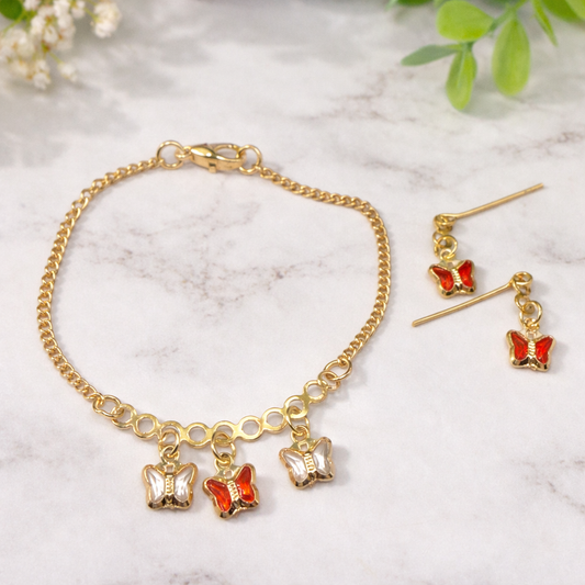 Red & Clear Butterfly Crystal Charms Gold Chain Doll Necklace and Earrings • 18 Inch Fashion Doll Jewelry