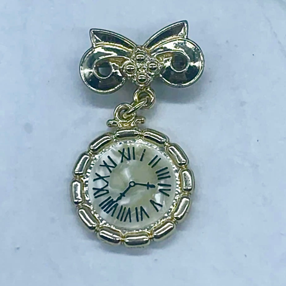 Gold Tone Simulated Watch / Mother of Pearl Face Clock Pin • Doll Brooch